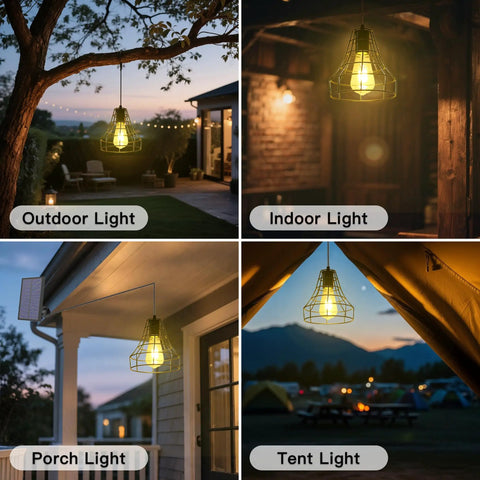 Solar Pendant Lights With Pull Cord And Remote For Outdoor Indoor Use, set on patio, shed, porch, and tent at dusk.