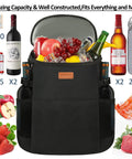 Soft Backpack Cooler For 30 Cans, Insulated Leakproof Travel Lunch Tote filled with drinks and food, open view with contents displayed.