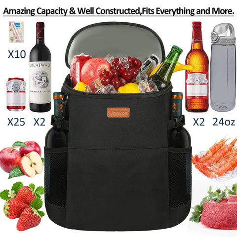 Soft Backpack Cooler For 30 Cans, Insulated Leakproof Travel Lunch Tote filled with drinks and food, open view with contents displayed.