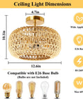 Boho Rattan Ceiling Light Fixture 3 Light 12.6 Inch Antique Brass Handmade Woven Semi Flush Mount dimensions and features