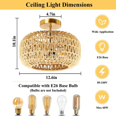 Boho Rattan Ceiling Light Fixture 3 Light 12.6 Inch Antique Brass Handmade Woven Semi Flush Mount dimensions and features