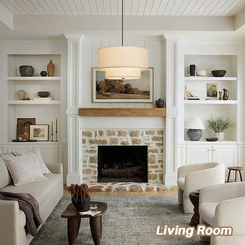 Killer 18 Inch Double Drum Pendant Light Featuring Dual Beige Linen Shades For Major Home Glow Up And Pro Level Ceiling Vibe In Your Dining Room Or Living Space above a modern living room setting.