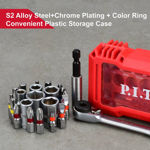Ratcheting Screwdriver Bit And Socket Set With Magnetic Precision Bits, 1/4 Inch Hex Bits, 6 Point Sockets, S2 Alloy Steel