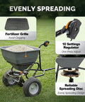 110 Lb Tow Behind Fertilizer Broadcast Spreader With 10 Adjustable Drop Rate And 11.4 Inch Tire For Multi Terrain Lawn Care And Seed Spreading