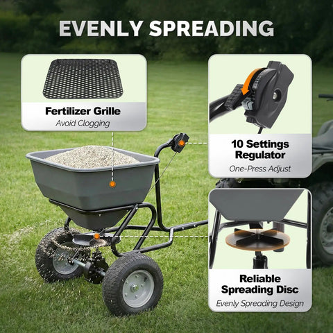 110 Lb Tow Behind Fertilizer Broadcast Spreader With 10 Adjustable Drop Rate And 11.4 Inch Tire For Multi Terrain Lawn Care And Seed Spreading