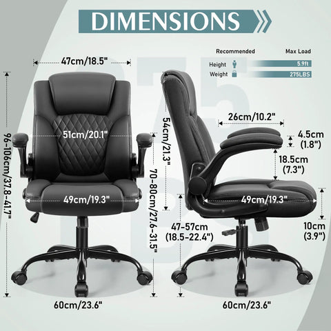 Leather Office Chair With PU Leather, Ergonomic Back Support, 360 Degree Swivel, Rolling Wheels, Adjustable Armrests, Compact Design For Short Folks, Cozy Black Desk Chair dimensions with measurements.