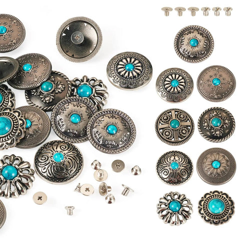 Rugged Western Zinc Alloy Conchos With Eighteen Faux Turquoise Screw Back Rivets And Tough Leathercraft Studs For Custom Boots Bags And Wraps Truly Badass Diy Hardware Kit, pack of 18 rivets with turquoise detail.