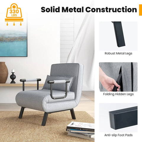 4-In-1 Convertible Sofa Bed Sleeper Chair with 6-Position Adjustable Backrest featuring solid metal legs and folding hidden legs