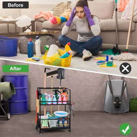 Before and after using Garden Tool Organizer With Wheels Rugged Heavy Duty Metal Shelf Garage Tool Storage Rack With Hooks