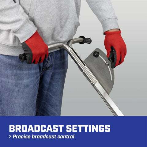 Detail of Pro Grade Salt And Ice Melt Spreader For Contractors 100 Lb Capacity Walk Behind Broadcast Spreader handle settings.