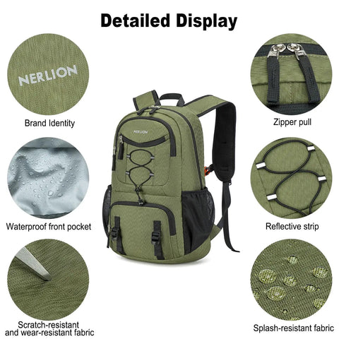 Lightweight 35L Foldable Hiking Backpack For Men And Women, Waterproof Outdoor Daypack, green with ergonomic straps and pockets