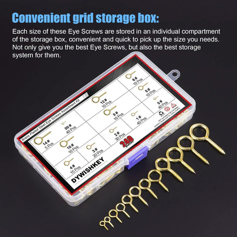 Brass Plated Steel Eye Bolts And Screw Eyes Assortment Kit 240 Pieces in clear storage box with 12 sizes visible