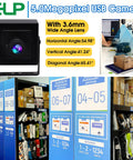 5 Megapixel USB Camera Workhorse With 3.6mm Fixed Lens For Machine Vision and Engraving, mounted on a desk and in packaging area