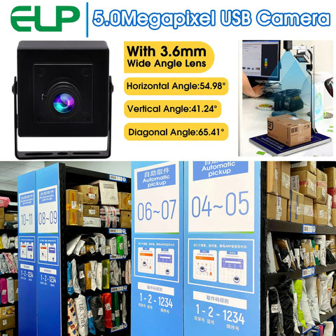 5 Megapixel USB Camera Workhorse With 3.6mm Fixed Lens For Machine Vision and Engraving, mounted on a desk and in packaging area