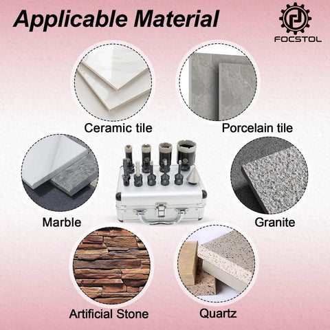 Pro Grade Diamond Core Drill Bit Set 10pc Kit for porcelain, ceramic tile, marble, granite material compatibility illustration