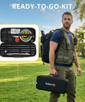 Man carrying a case with Portable 10 Band HF Antenna For Ham Radio On The Go Vertical Multiband 80m To 6m Antenna Kit.