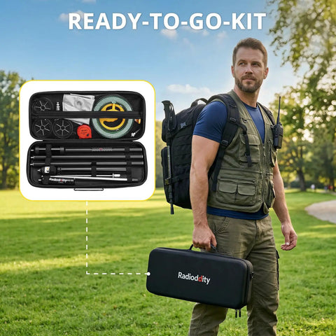 Man carrying a case with Portable 10 Band HF Antenna For Ham Radio On The Go Vertical Multiband 80m To 6m Antenna Kit.