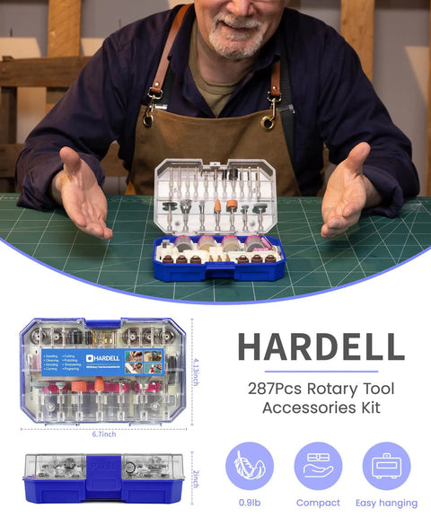 287 Piece Rotary Tool Accessory Kit With One Eighth Inch Shank Bits displayed in open case for cutting, grinding, polishing, engraving.