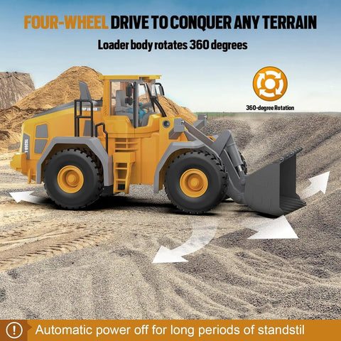 Rad 9 Channel Remote Control Front Loader Toy With Metal Shovel 2.4GHz RC Construction Vehicle on dirt terrain showing 360 rotation