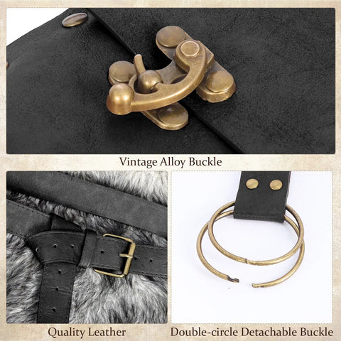 Close-up of vintage alloy buckle and quality leather on Badass Renaissance Belt Pouch Set With Detachable Corset Strap.