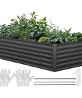 Galvanized Raised Garden Bed Kit 8x4x2 Ft Large Metal Planter Box With Gloves Safety Rubber and Support Rods Black filled with plants