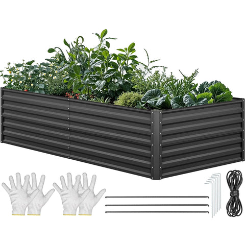 Galvanized Raised Garden Bed Kit 8x4x2 Ft Large Metal Planter Box With Gloves Safety Rubber and Support Rods Black filled with plants