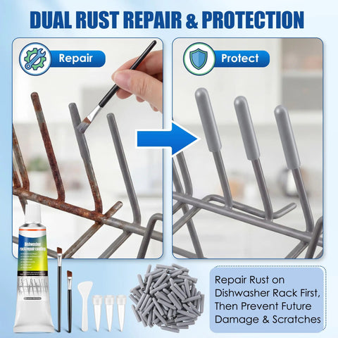 Before and after of rust repair using Dishwasher Rack Repair Kit With 1.7oz Grey Waterproof Coating And 100 Tine Prong End Caps.