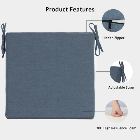 Outdoor Patio Chair Cushions 4 Pack Water Resistant Stain Resistant Weather Resistant Deep Seat Cushions With Adjustable Straps 20 By 20 By 3.1 Inch Spectrum Denim Five Year Fade Protection shown with adjustable straps and zipper details.