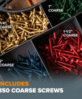 Pocket Hole Screw Kit With Color Coat Self Tapping Coarse Thread Wood Screws, Square Drive, DIY Friendly For Indoor Outdoor Projects, Heavy Duty Set For Quick Easy Joints, Includes 100 1 In, 100 1-1/4 In, 100 1-1/2 In, 50 2 In shown in color-coated compartments