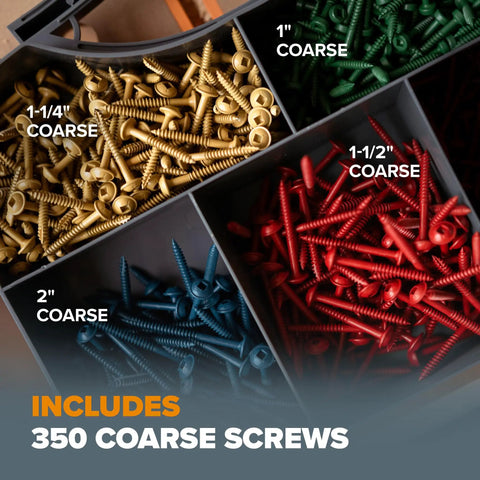 Pocket Hole Screw Kit With Color Coat Self Tapping Coarse Thread Wood Screws, Square Drive, DIY Friendly For Indoor Outdoor Projects, Heavy Duty Set For Quick Easy Joints, Includes 100 1 In, 100 1-1/4 In, 100 1-1/2 In, 50 2 In shown in color-coated compartments