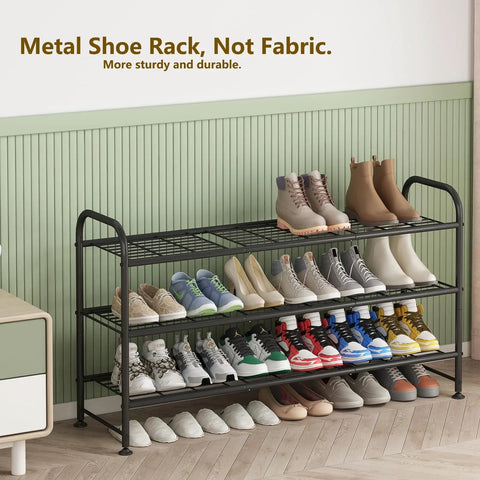 Heavy Duty Metal Shoe Rack With Three Long Shelves Holds Up To Twenty Four Pairs Straight Up Solid Entryway Organizer Built Tough For Sneakers Boots And Everyday Kicks Storage