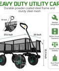 Heavy Duty Steel Garden Cart Workhorse With Detachable Side Panels That Convert To Flatbed For Yard And Farm Use 880 Lbs Capacity Metal Wagon With 180 Degree Rotating Handle Black, dimensions labeled