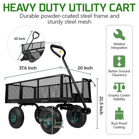 Heavy Duty Steel Garden Cart Workhorse With Detachable Side Panels That Convert To Flatbed For Yard And Farm Use 880 Lbs Capacity Metal Wagon With 180 Degree Rotating Handle Black, dimensions labeled