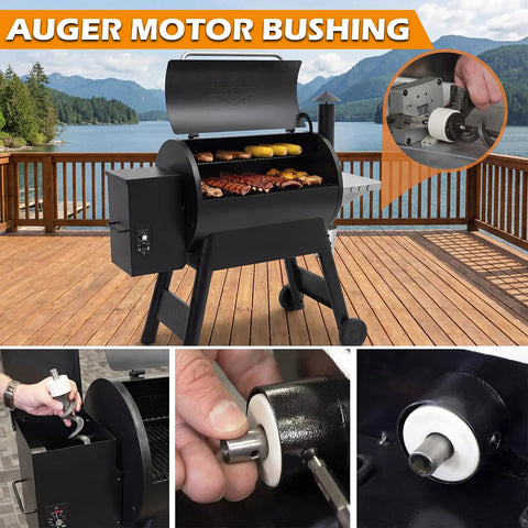 Six Piece Auger Motor Bushings Kit with shaft nuts being installed on a Traeger grill for easy maintenance.