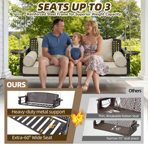 Three Seat Hanging Porch Swing with Cup Holders and Three Back Cushions, extra wide 60 inch swing, beige with family seating.