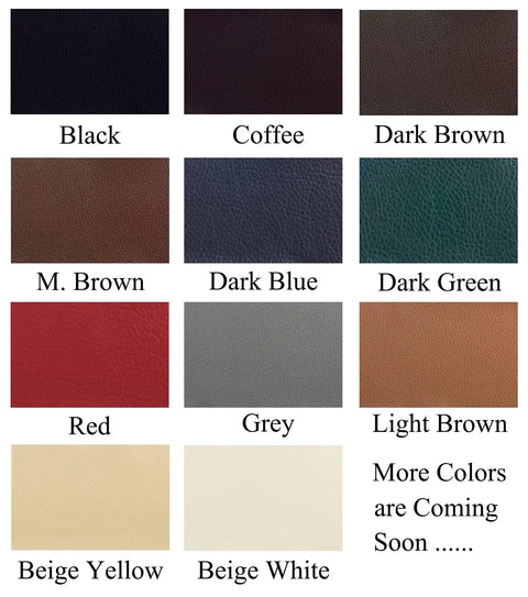 Color options for leather repair patch tape kit, including black, coffee, dark brown, M. brown, dark blue, dark green, red, grey, light brown, beige yellow, beige white.