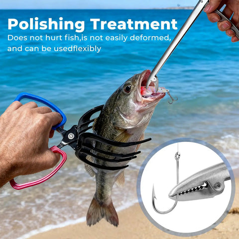Triple Pack Fish Grippers With 2 to 3 Claw Design Plus Stainless Hook Remover used on fish at beach