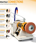 Close-up of a bench lathe with various attachments for Lapidary Saw Kit For Cutting Rocks And Stones, Gemstone Crafting Tools.