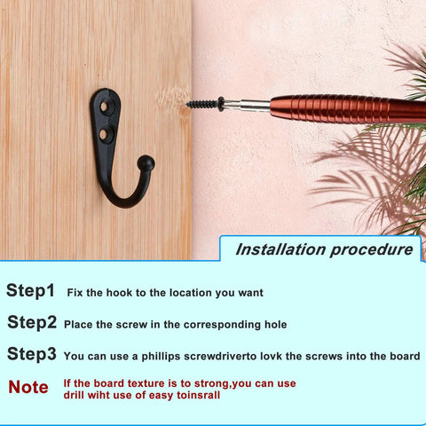 Installation guide for 15 Piece Black Wall Mounted Coat Hook Set With 30 Screws showing hook and screwdriver on wooden board.