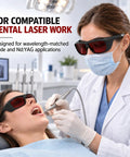 Multi Wavelength Dental Safety Glasses Delivering Kickass Eye Protection For Diode Nd Yag Blue Green Fiber And Infrared Lasers Built Tough For Everyday Clinical Use worn during dental procedure.