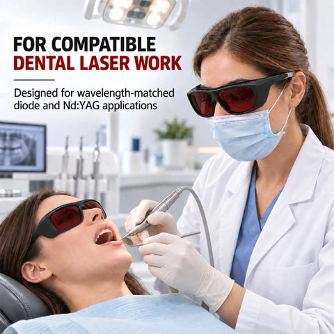 Multi Wavelength Dental Safety Glasses Delivering Kickass Eye Protection For Diode Nd Yag Blue Green Fiber And Infrared Lasers Built Tough For Everyday Clinical Use worn during dental procedure.