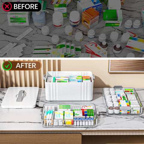 ARSTPEOE 3-tier medicine organizer set in white plastic with handle; three clear trays filled with meds.