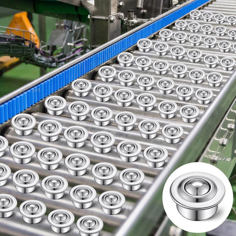 80-Piece Five-Eighth Inch Roller Ball Transfer Bearings In Carbon Steel on conveyor, showcasing 360 degree rotation and heavy-duty use.