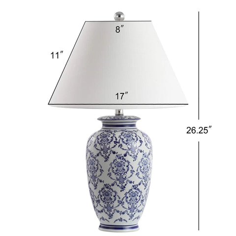 Chinoiserie Blue And White Ceramic Table Lamp With Urn Silhouette 26.25" height, white linen shade, for living room or bedroom.