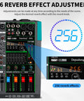Close-up of MX6 6 Channel USB Audio Mixer Dope Studio Console with reverb controls for live streaming and 256 DSP effects