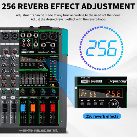 Close-up of MX6 6 Channel USB Audio Mixer Dope Studio Console with reverb controls for live streaming and 256 DSP effects