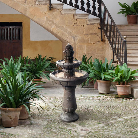 Deluxe Pineapple Pedestal Two Tier Floor Waterfall Fountain With Pump For Outdoor Patio Garden Backyard Decking Iron Gray 39 Inch Height Durable Polyresin Weatherproof Water Feature in courtyard