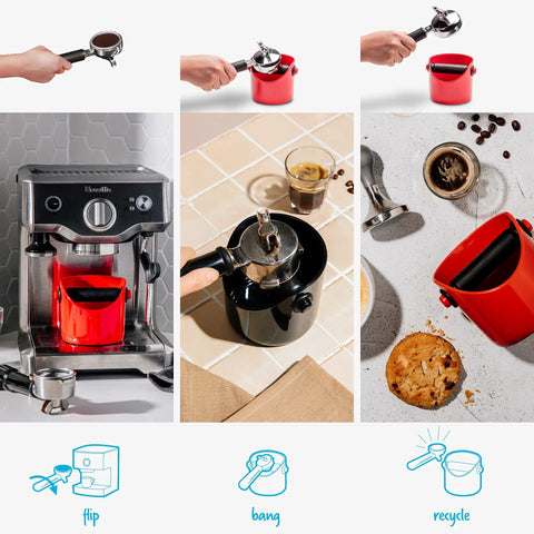 Grindenstein Espresso Knock Box sturdy compact space saving kitchen sidekick red durable rubber sleeve protects handle