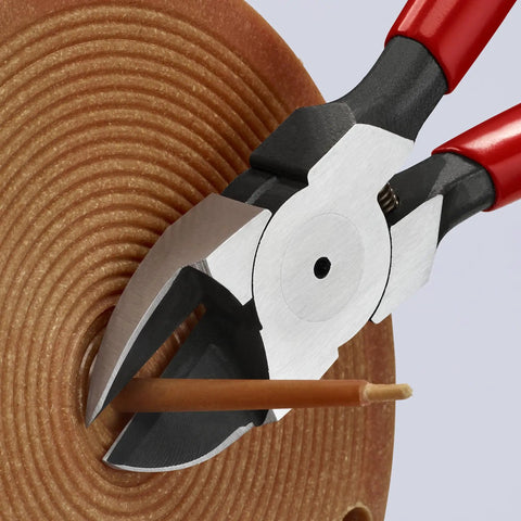 Close-up of Pro Grade Flush Cut Diagonal Cutters Set 2-Piece cutting wire with precision. Vanadium steel jaws with spring.