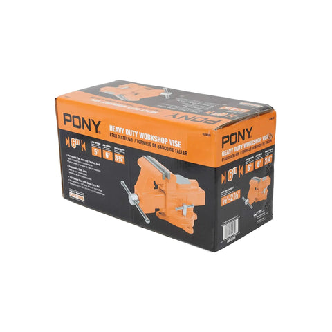 Box packaging of Heavy-Duty 6-Inch Bench Vise With Swivel Base, 6 Inch Jaw Opening, showcasing beefy orange cast iron design.